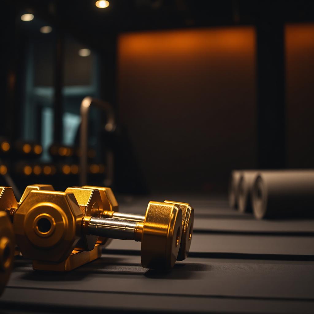 Gold dumbbells and mats in the studio
