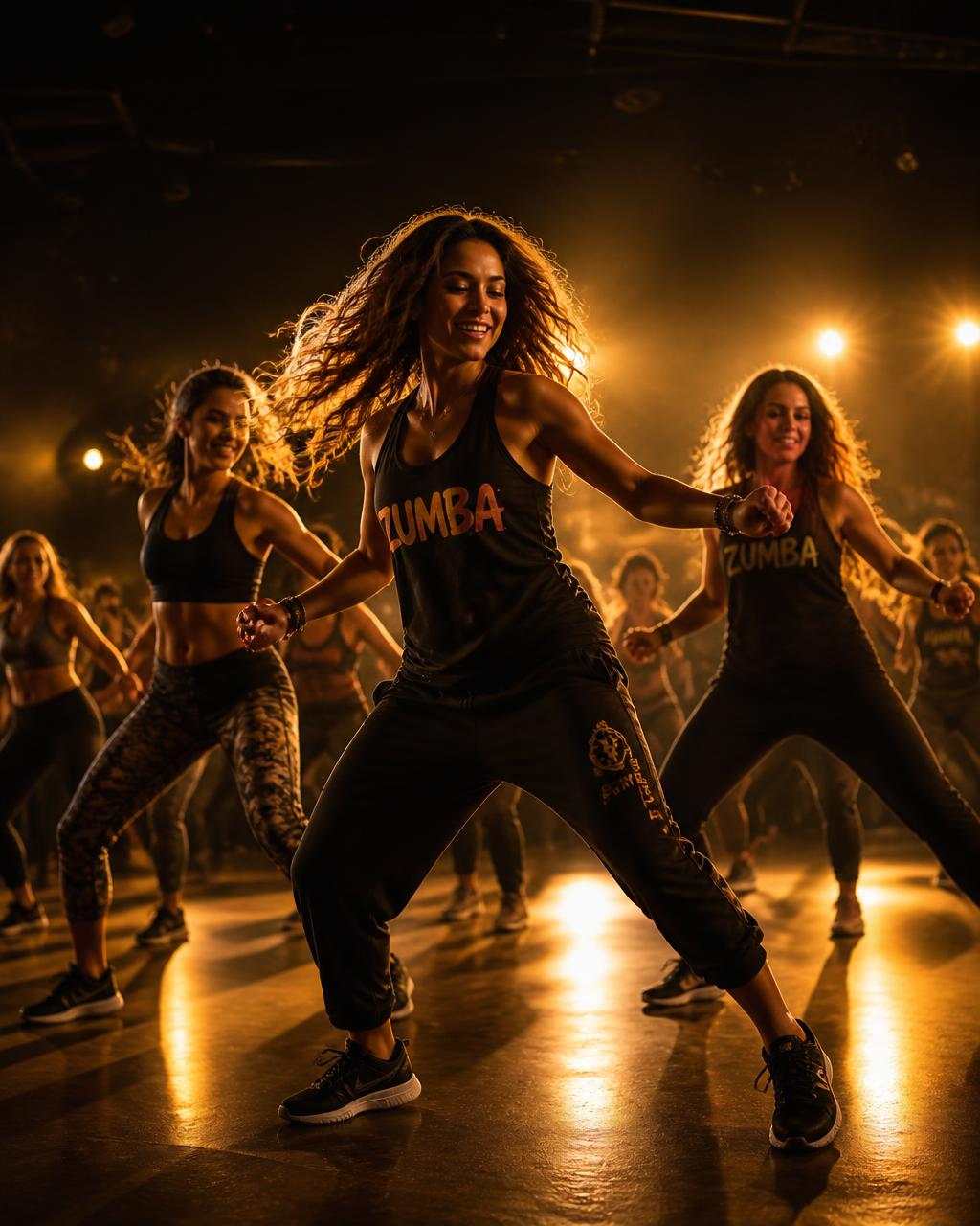 Women dancing in a Zumba class under warm gold lighting